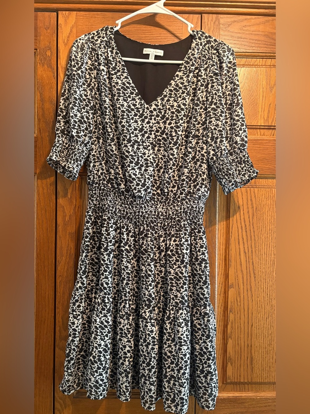 V-Neck Smocked Midi Dress in Black & White